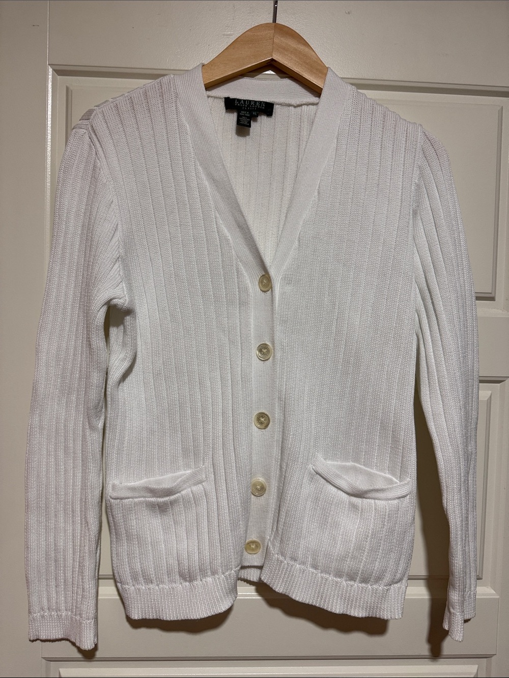 Lauren Ralph Lauren Cream Ribbed V-Neck Button Cardigan mercerized cotton